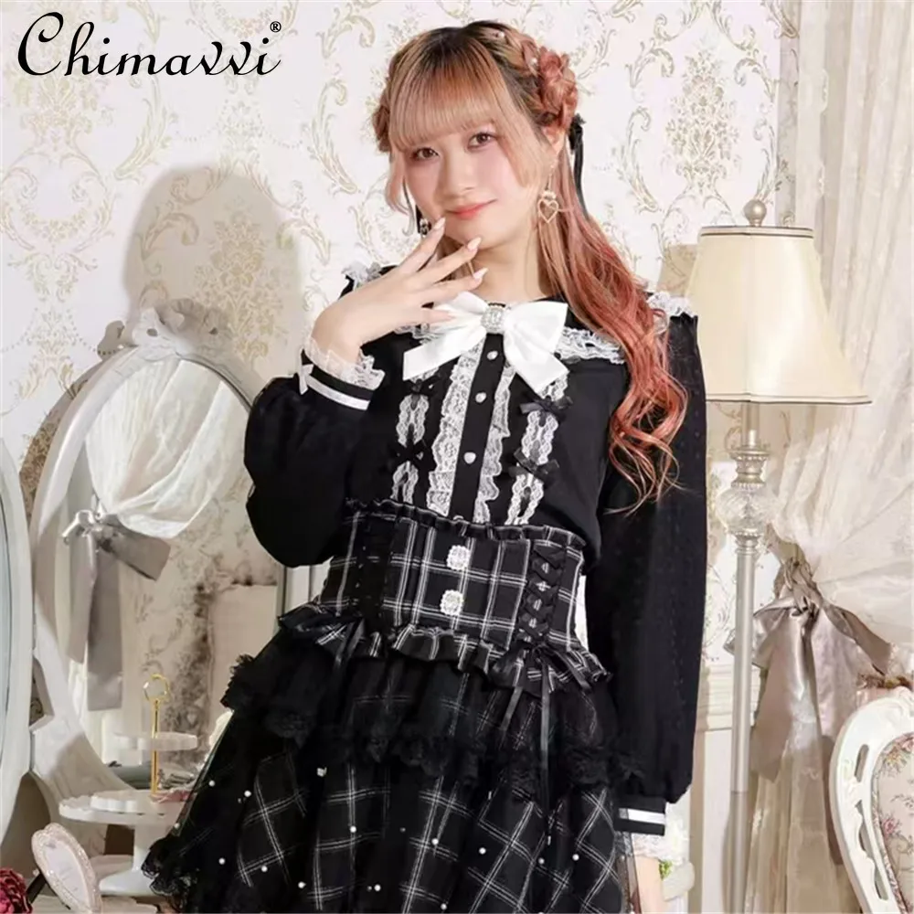 Japanese New Mine Sweet Lady Cute Lace Bow Lolita Shirt Spring and Autumn New Mass Production Kawaii Long-sleeved Blouse Tops