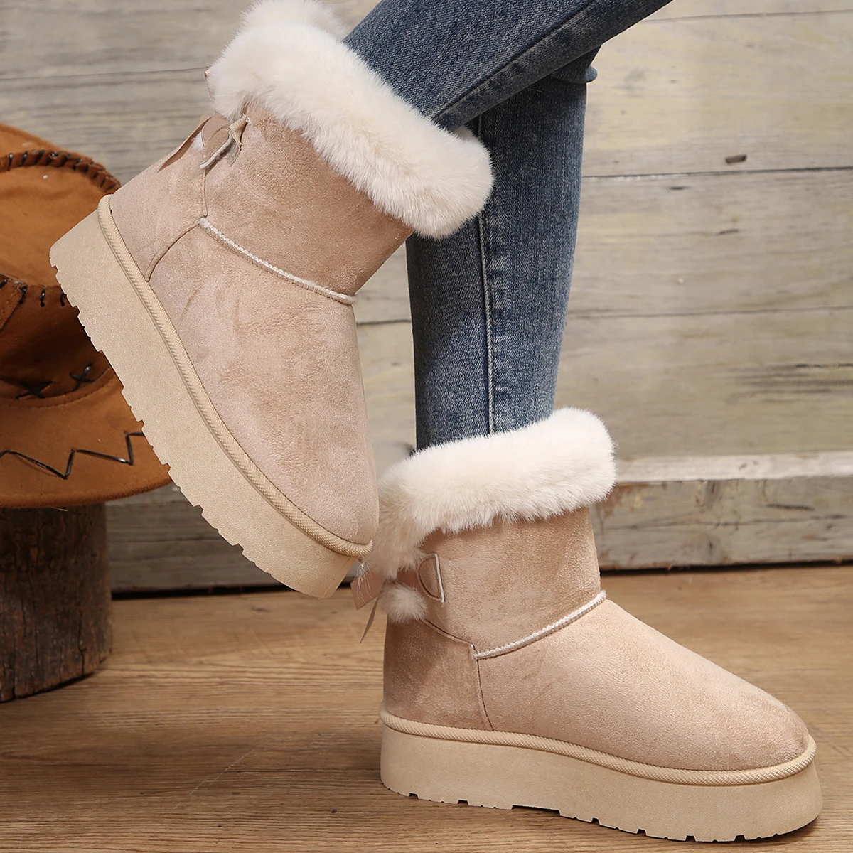 Winter Thicken Plush Warm Snow Boots Women Fluffy Fur Chunky Platform Ankle Boots Woman Thick Sole Non Slip Cotton Padded Shoes