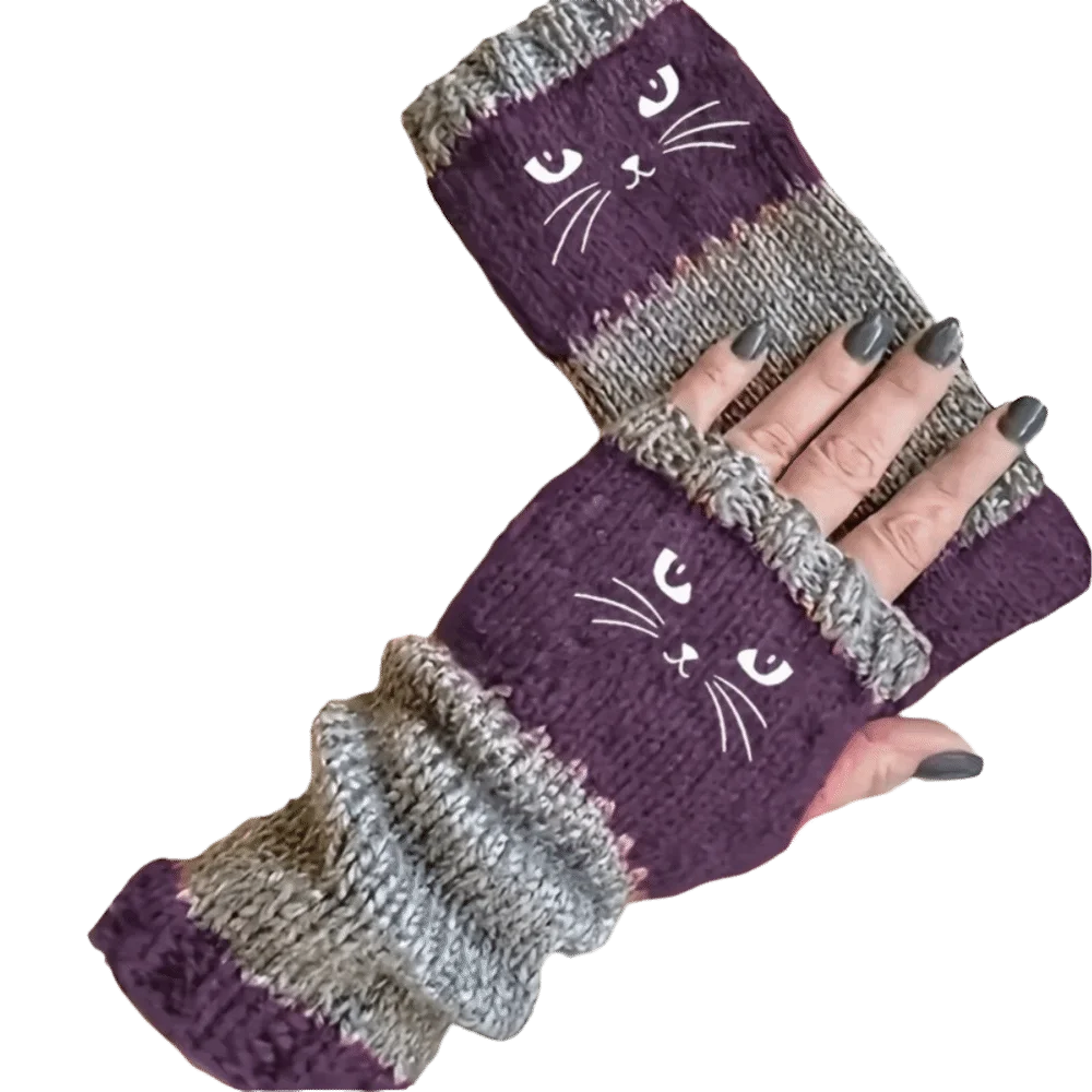 Vintage Thickened Knitted Fingerless Gloves Soft Color Block Half Finger Gloves Striped Windproof Cat Embroidery Gloves Autumn
