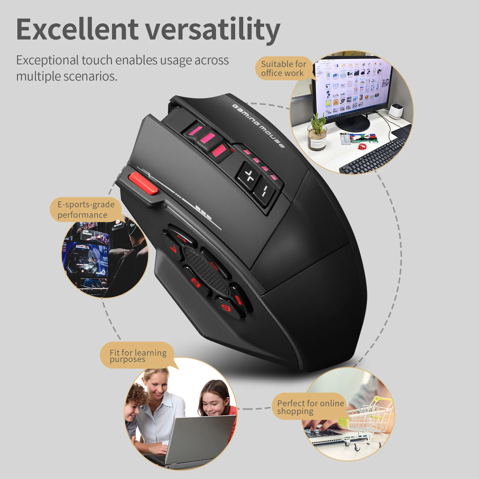 Wireless Gaming Mouse Rechargeable Triple Mode Ergonomic 13 Key Programmable 24000 DPI for Work Laptop PC Gaming