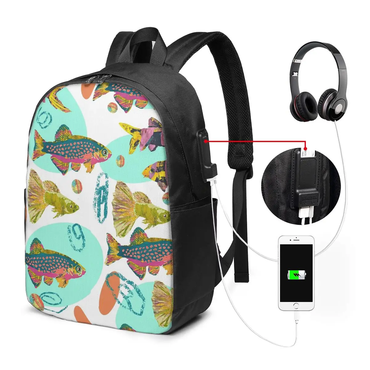 Colorful Fish Pattern Sketches Backpack Travel Notebook Bag Computer College Student School Bag Laptop Shoulder Bags Men Women