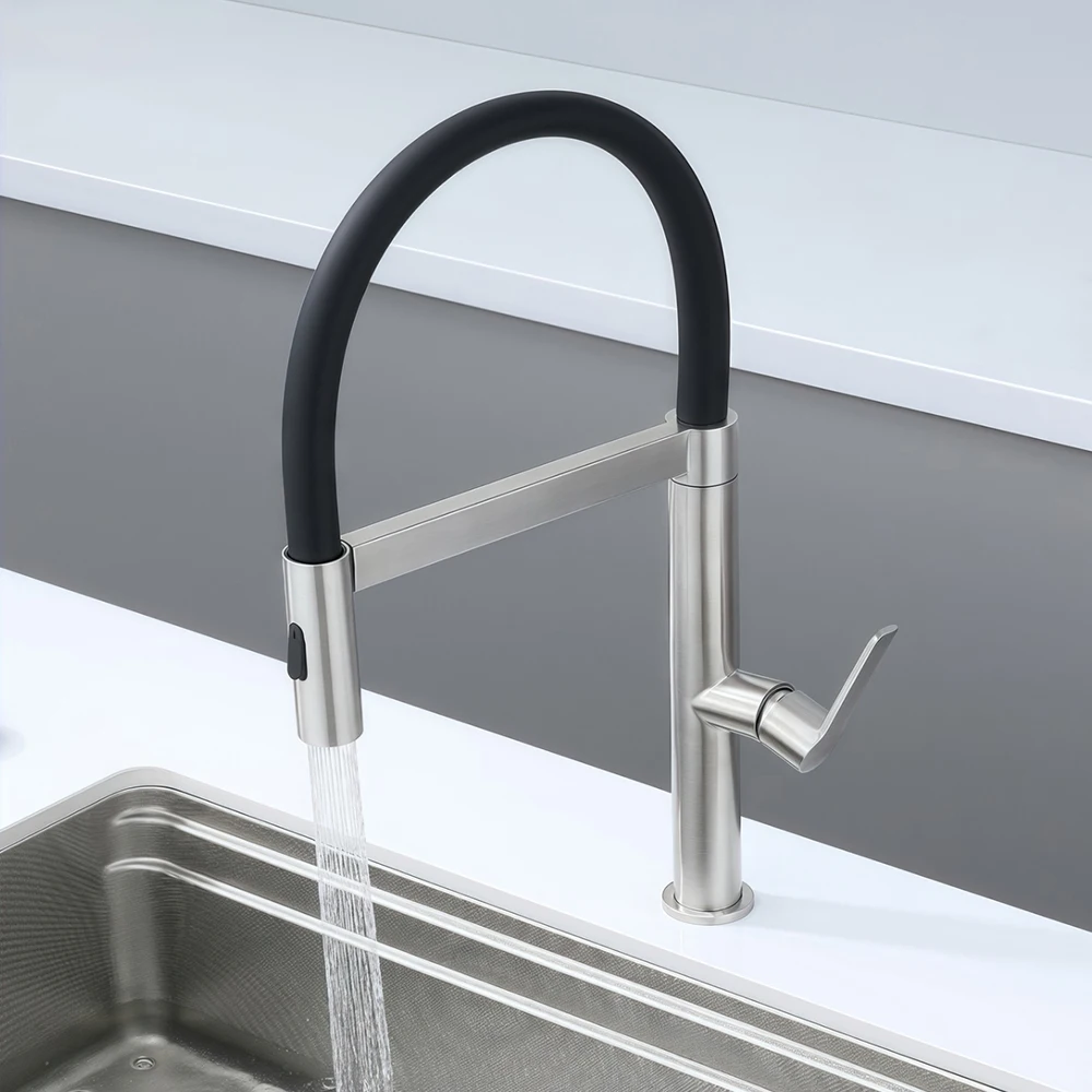 304 Stainless Steel Kitchen Sink Faucet Two Mode Water Out , Hose Pull Down 360 Rotation , Mixer Cold & Hot Water ,Ceremic Core