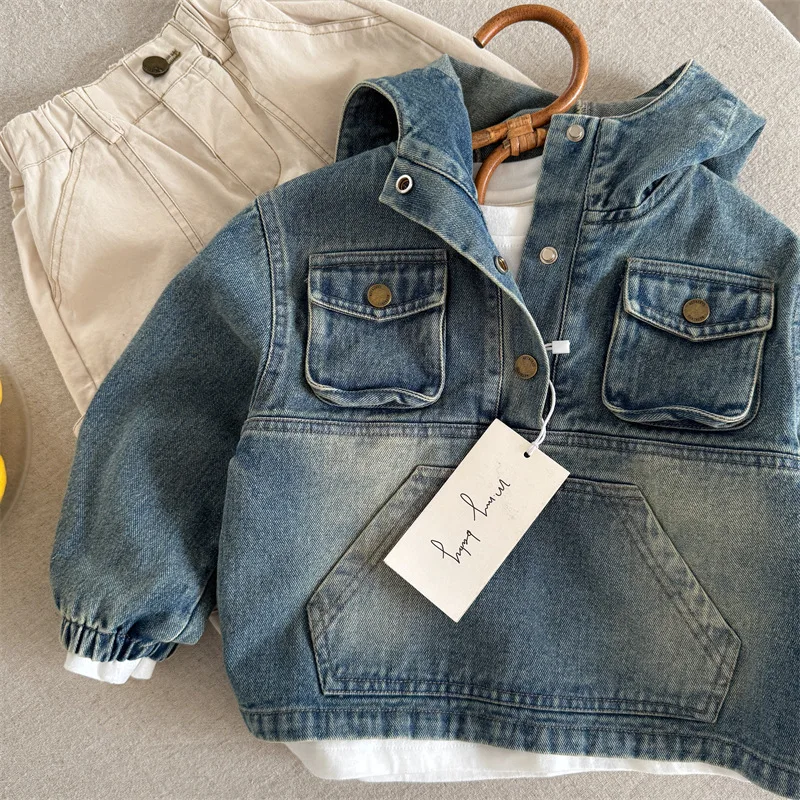 Autumn New Boys and Girls Hooded Denim Jacket Baby Retro Pullover Trendy Children's Jacket 2025