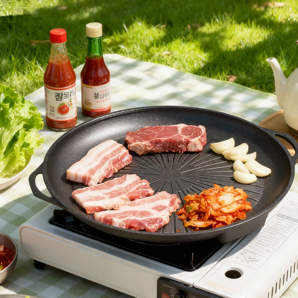 KOSUN Koreanische Grillpfanne für drinnen und draußen, antihaftbeschichtet, rauchfrei, Aluminiumgussplatte, Steaktopf für Gas- und Induktionsherdplatte