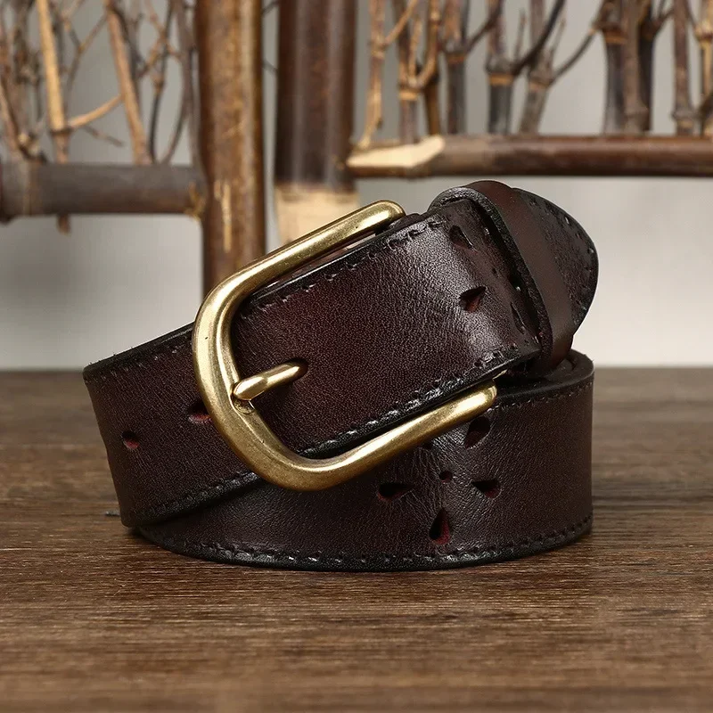 3.8 CM Pure Cowhide Genuine Leather for Men's High Quality Jeans Retro Brass Buckle Belts Cowboy Waistband Male Fashion Designer