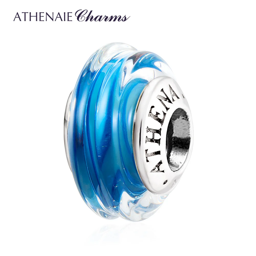 ATHENAIE Classic Blue Striped Genuine Murano Glass Charm Bead with 925 Sterling Silver Core fit European Bracelet Gift for Women