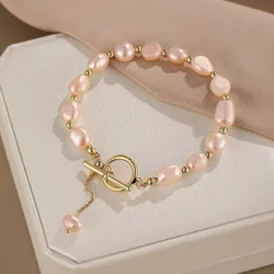 YWYC 6-7mm Pink Baroque Freshwater Pearl Bracelets OT Slider Chain 14K Gold Plated 18cm Adjustable Women's Hand Bracelets