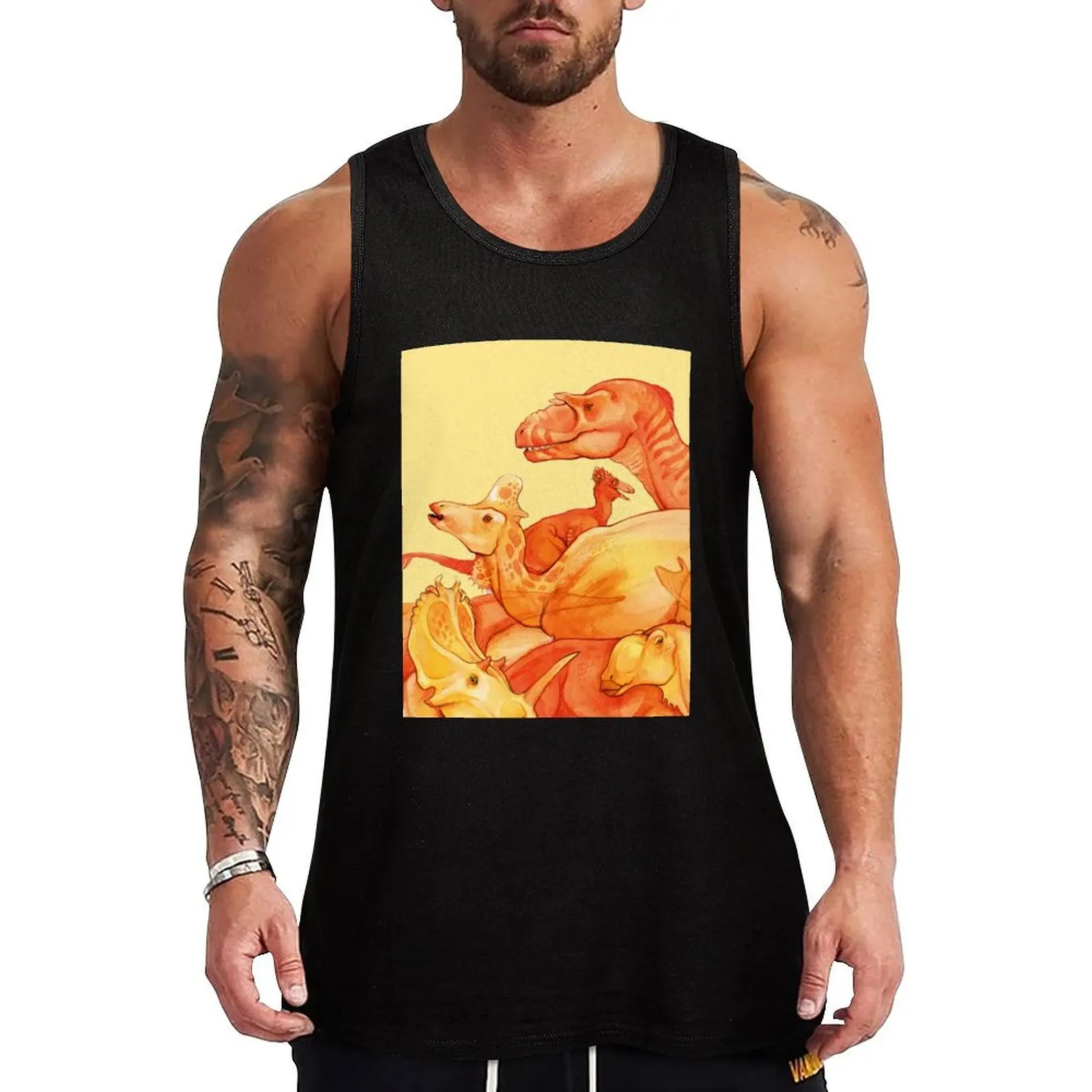 

cretaceous congregation - orange & yellow dinosaurs Tank Top anime top men gym clothing