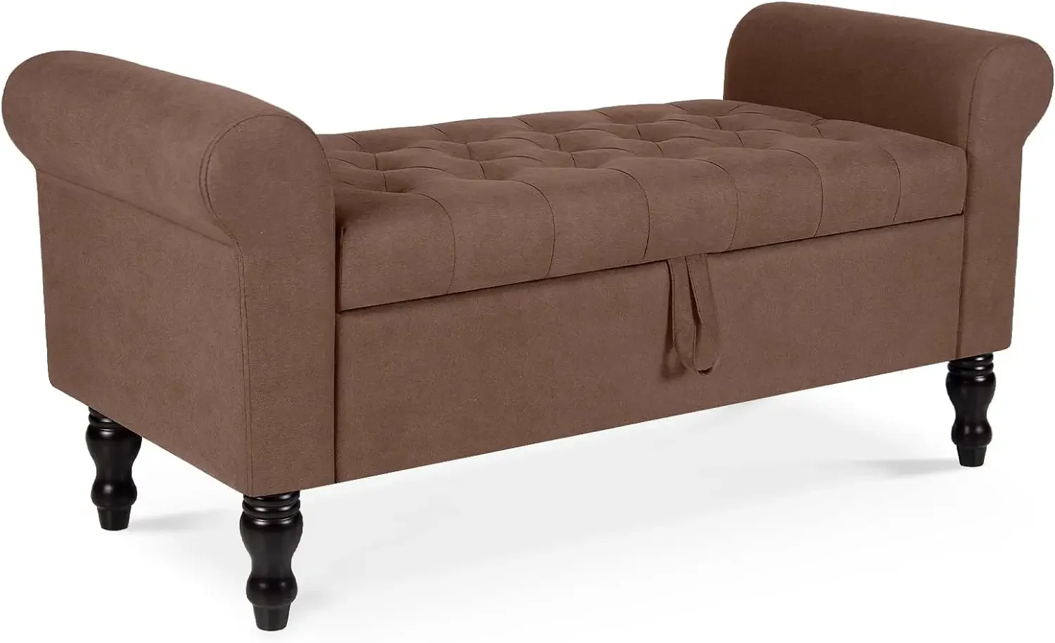 

Storage Bench with Upholstered Rolled Arm Ottoman Bench Couch w/Solid Wood Legs for Bedroom End of Bed, Entryway (Brown)