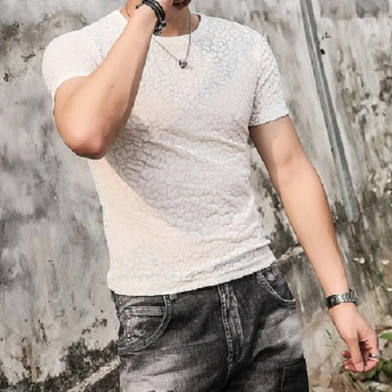 Jacquard Dragon Pattern T Shirt Homme Short Sleeve Men Clothes Summer Slim Quality Velvet Hollow Casual Tees Camisetas De Hombre