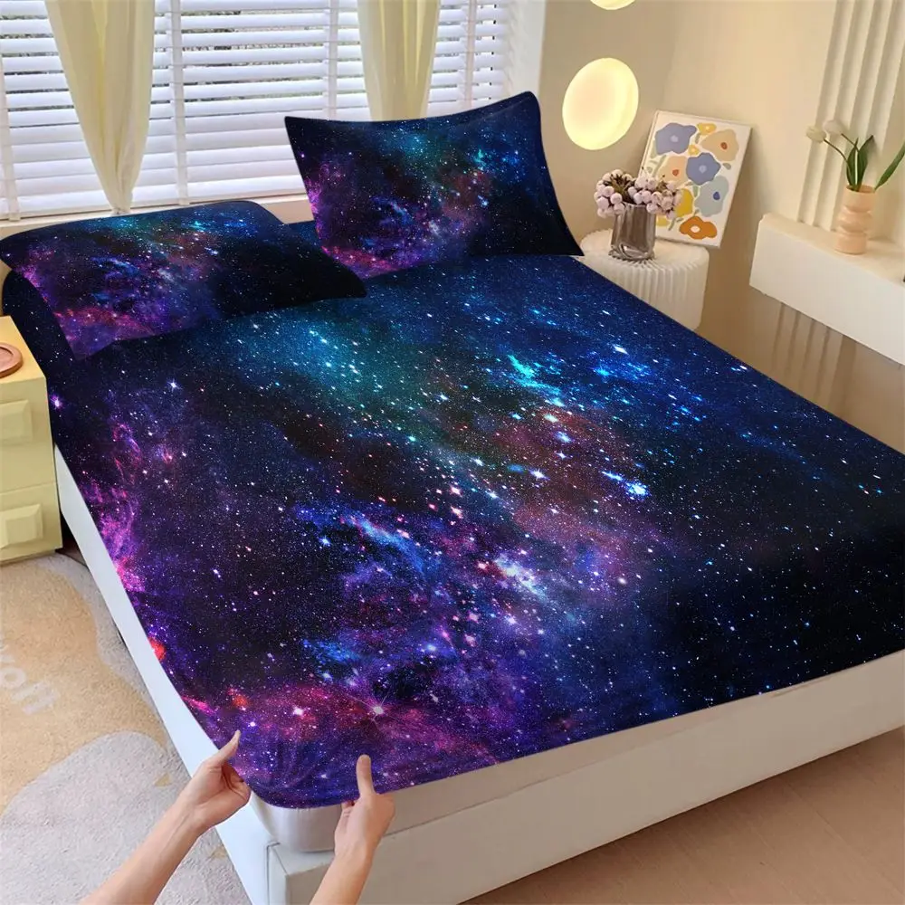 Juego de Ropa de Cama con Diseño de Nebulosa Espacial Vibrante, Juego de Sábanas Ajustables con Diseño de Galaxia Cósmica, Juego de Sábanas Suaves y Transpirables para Decoración del Hogar