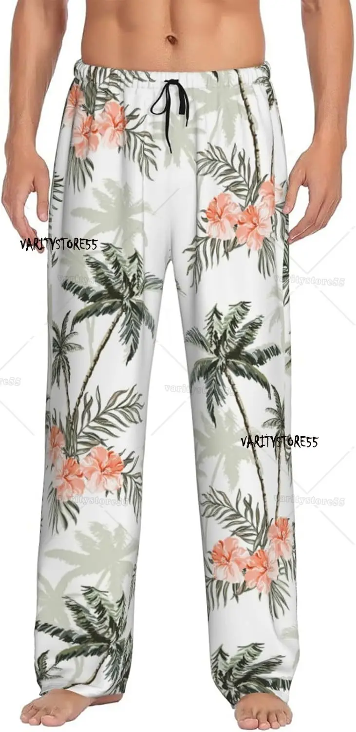 

Винтажные мужские пижамные штаны с пальмами, удобные брюки для отдыха, повседневные штаны