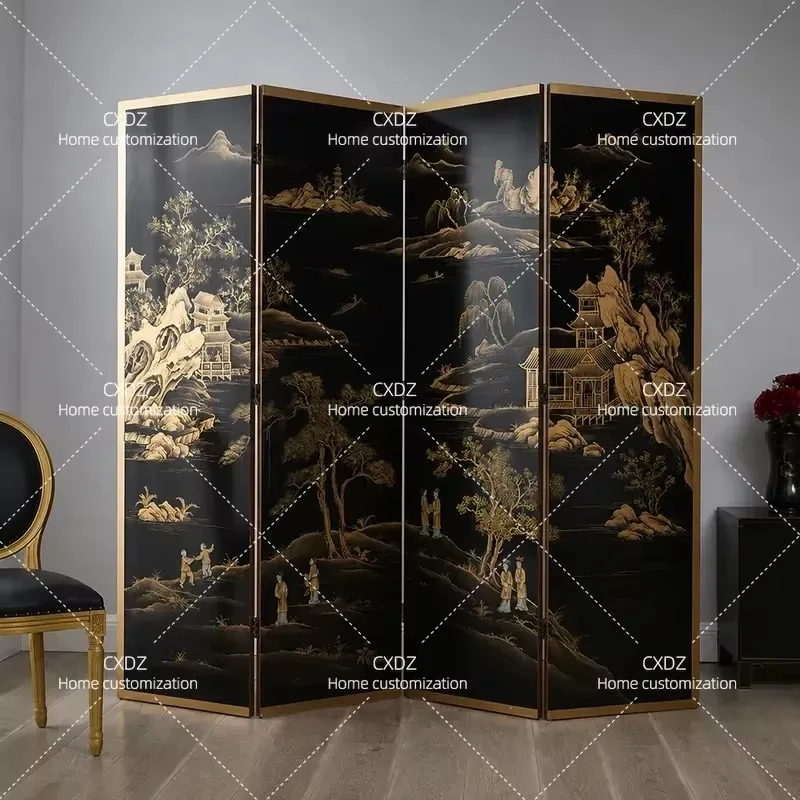 Retro Black Landscape Lacquer Painting with Gold Foil Folding Screen Partition for Living Room Hotel Villa Sofa Simple Decor