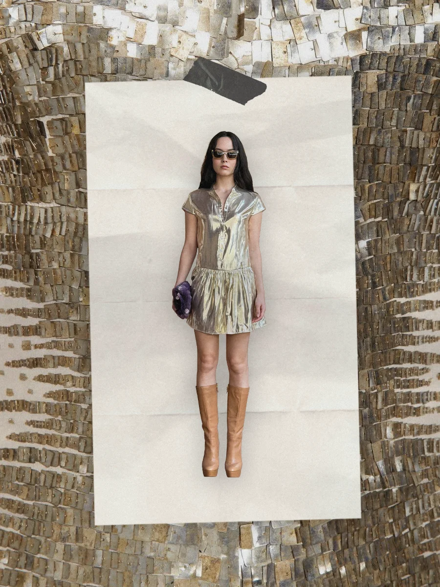 

YRAVI Summer Casual Loose irt Texture Gold Color Small Stand Collar Dr Ele High Waist A-Line Skirt ort Sve