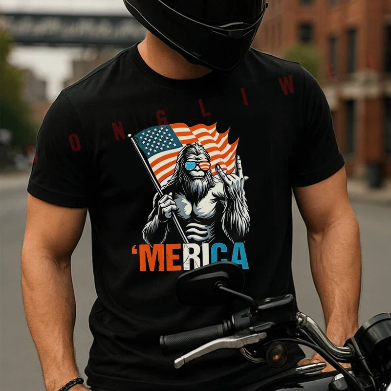 

Bigfoot USA Flag 'Merica Print Motorcycle T-Shirt Cotton Men Summer TShirts Casual Short Sleeve Round Neck Tees