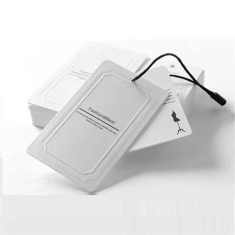 

Eco-friendly Custom Embossed Debossed Brand Logo White Pape Swing Hang Tag With String for Garment Swing Tag