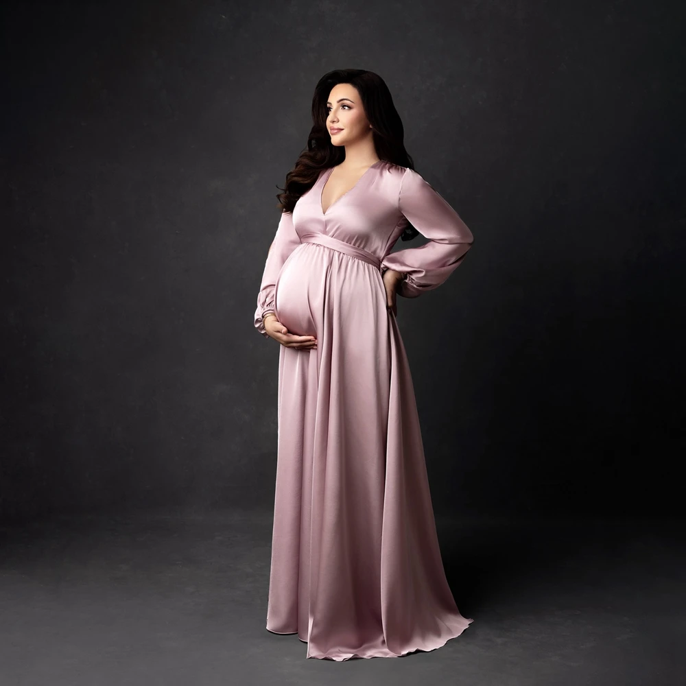 Elegant Maternity Gown for Baby Shower & Photoshoot Long Sleeve Satin Pregnancy Dress Photography Props for Mom