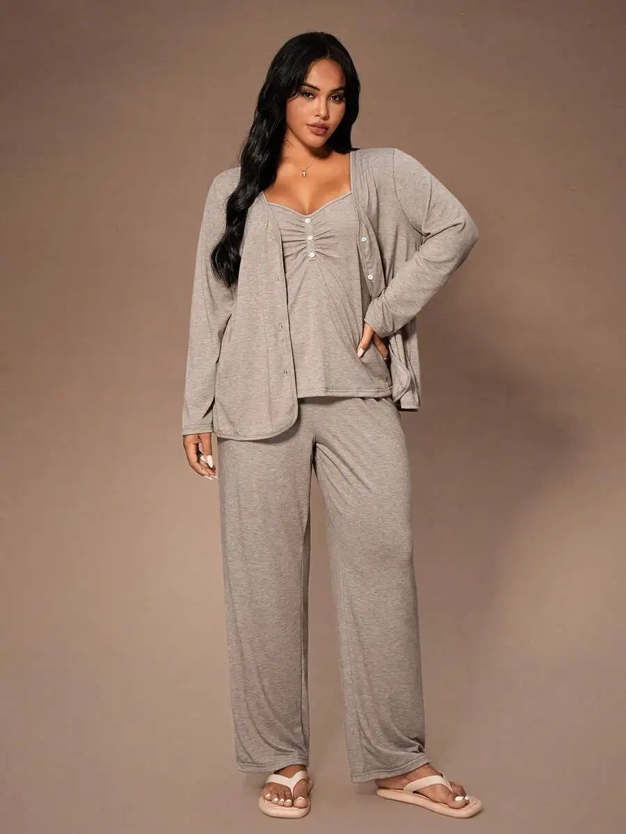 Plus Size Cozy Gray Knit 3-Piece Pajama Set Featuring V-Neck Cami, Button-Up Cardigan, And Wide-Leg Pants For Winter Comfort