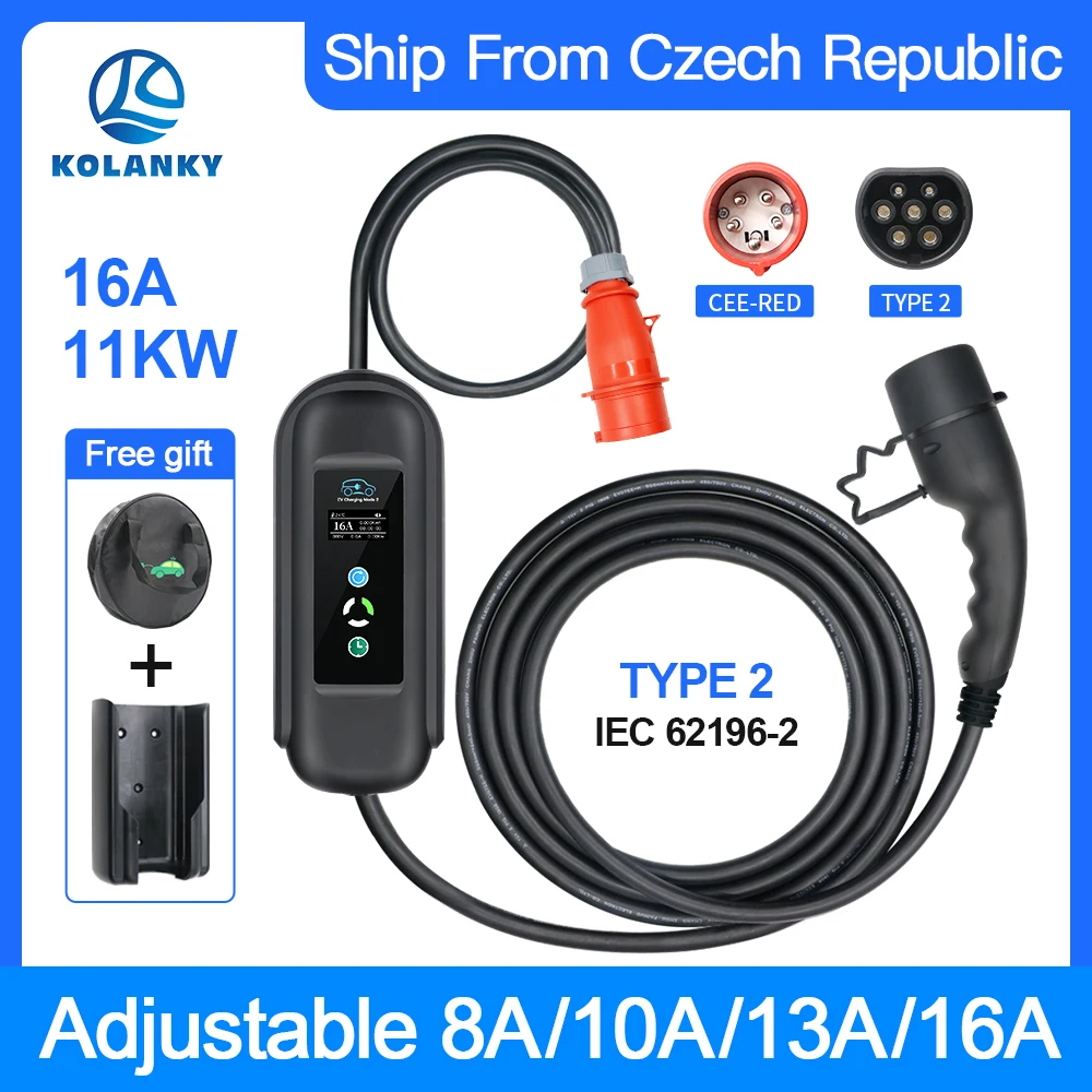 

Portable EV Charger 16A 11KW Type 2 Adjust Current And Timer 1-15Hour Charging For Eletric Vehicle Hybrid Cars Cable 5M