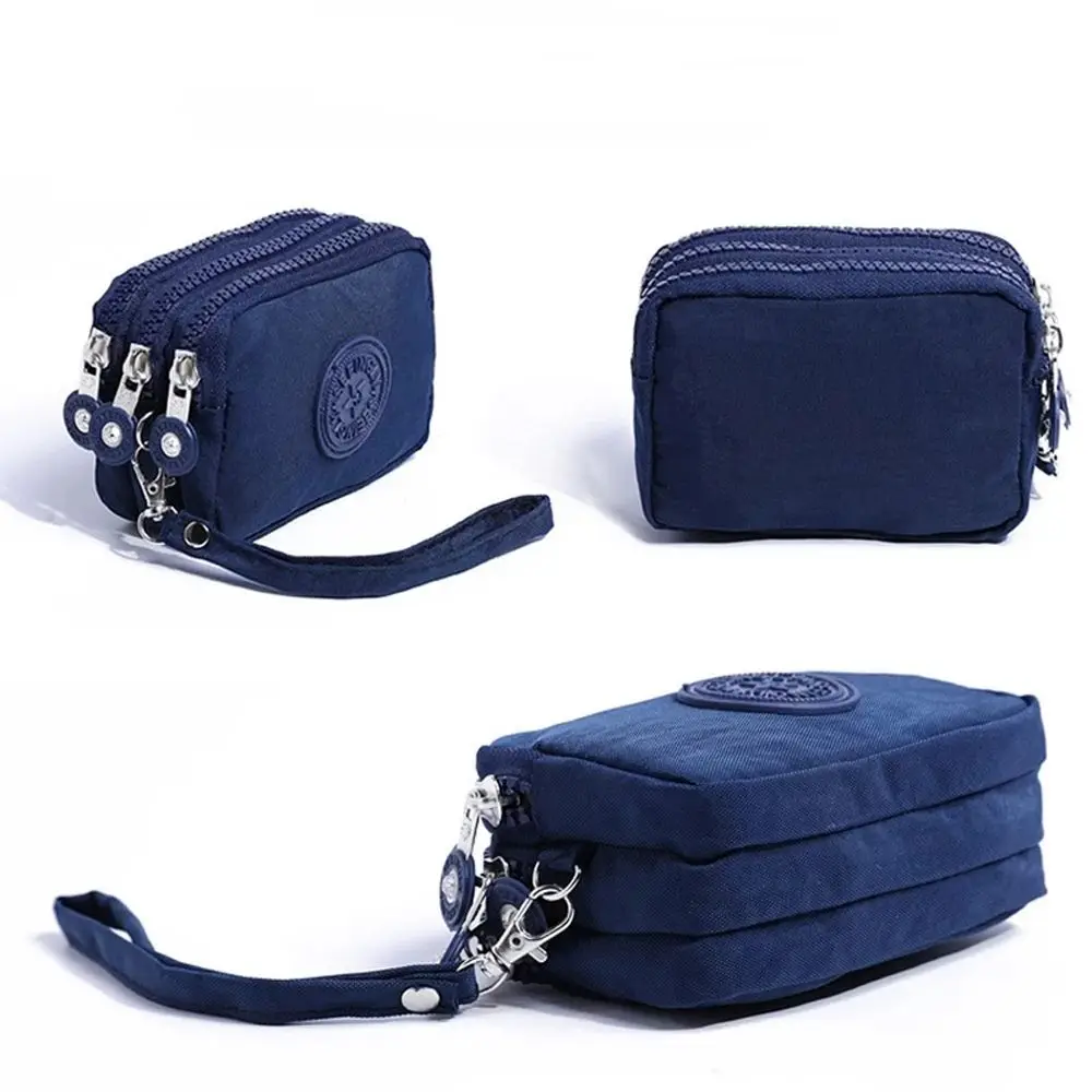 Solid Color Coin Purse Women Small Wallet Wrinkle Fabric Phone Purse Three Zippers Portable Make Up Bag