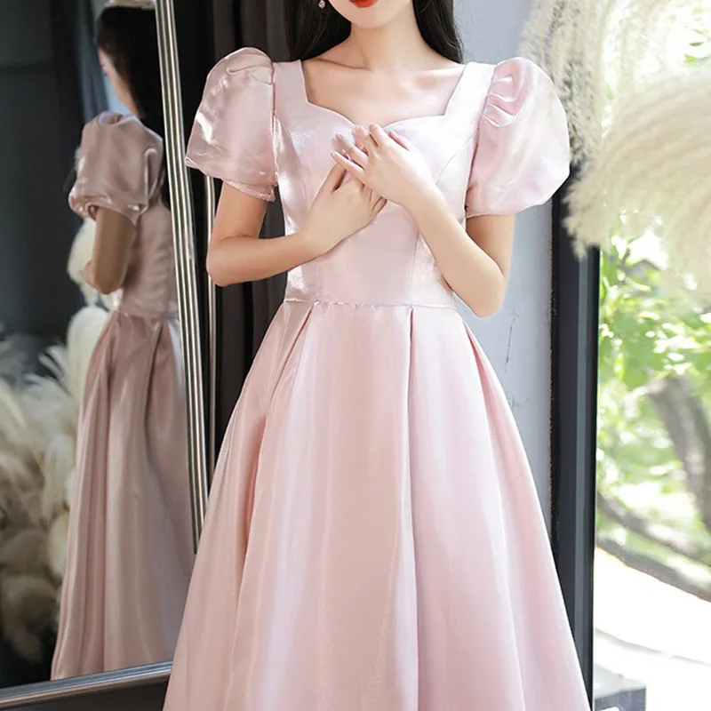 Pink Evening Dress for Women, Simple French Puff Sleeves, Elegant Satin Princess Dresses, Mid-length Bridesmaid formal Dress