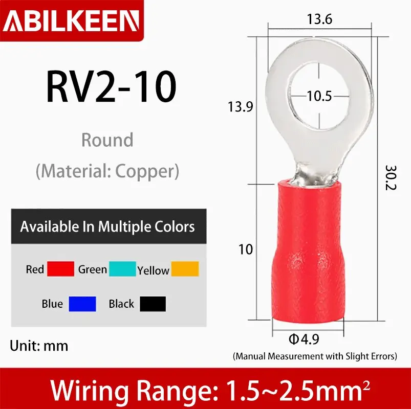 RV2-10 Cold pressed Wiring Terminal Pre insulated Connector Voltage Terminal Metal Ring Terminal Connector