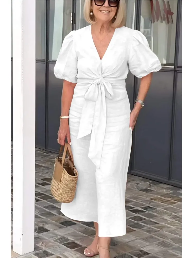 Fashion V Neck White Women Dress Spring Summer Elegant Casual Office Female Solid Lace Up Short Sleeve Dresses Robe Femme New