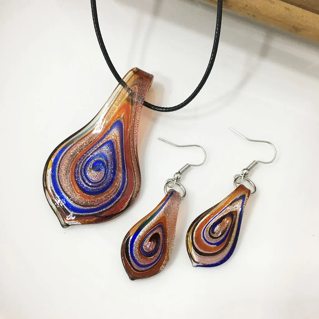 1 PCS Fashion Red Blue Glass Murano Floral Leaf Shape Lampwork Pendant Necklace Earrings For Women Cheap Items With Jewelry Set