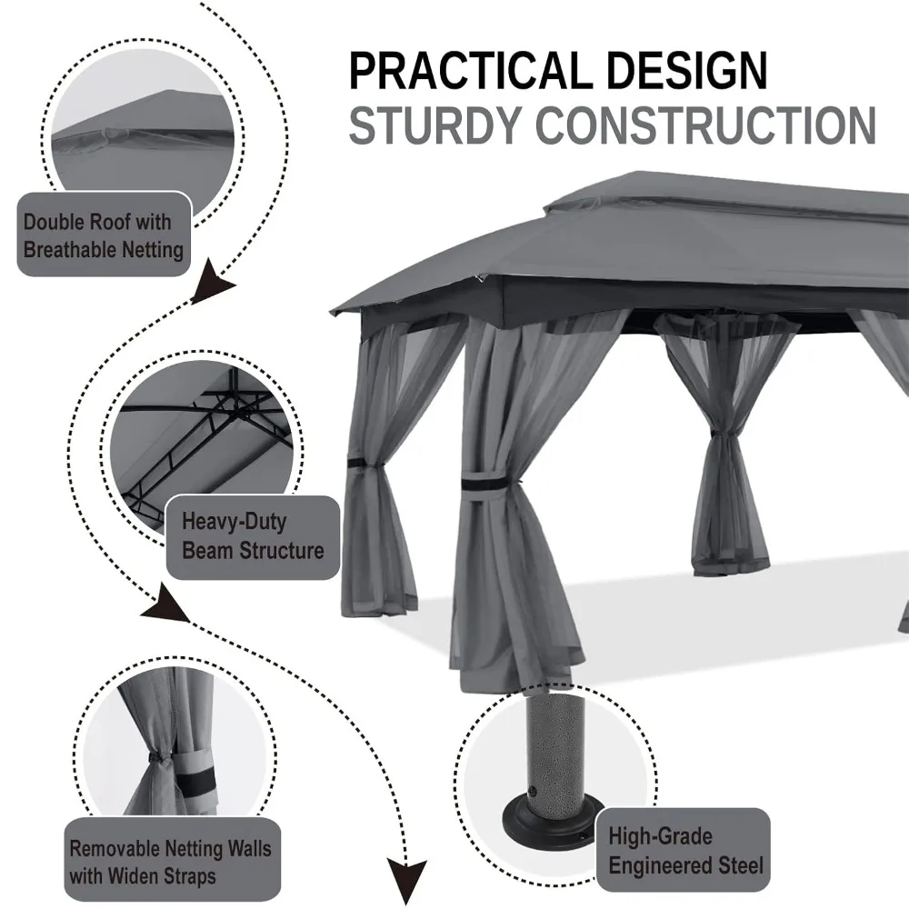 

Уличная беседка-павильон 10x20, с двойной крышей и москитной сеткой для заднего двора, террасы, сада, газона, темно-серая, на заказ