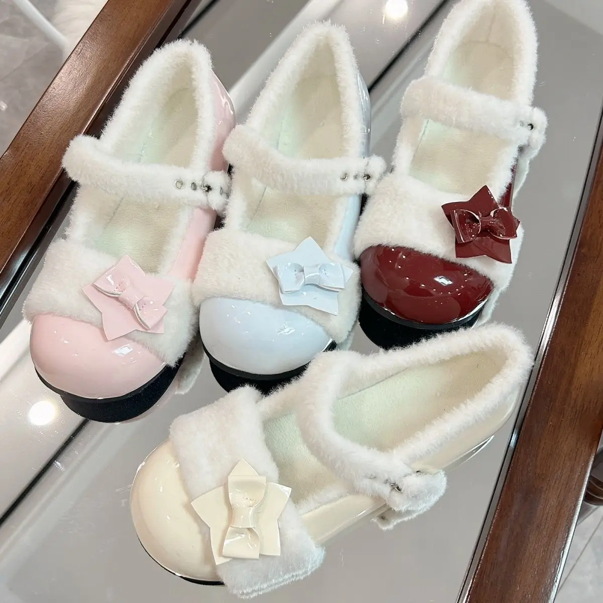 

Japanese Winter Velvet Warm Round Head Flats Kawaii Bow Fluffy Mary Jane Shoes Original Lolita Sweet Versatile Low Heels Women