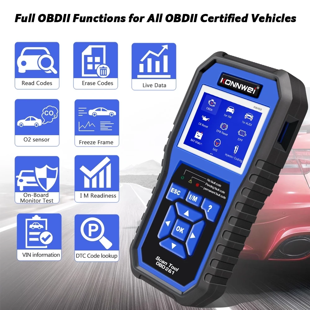 Professional OBD2 Scanner kw450 Code Reader Diagnostic tool VAG VW Audi ABS Airbag Oil ABS EPB DPF SRS TPMS Reset VAG OBDII Tool