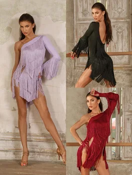 ラテンダンス、パフォーマンスステージウェア、ノスタフリンジ用のシングルスリーブのzymフリンジドレス、 #24082