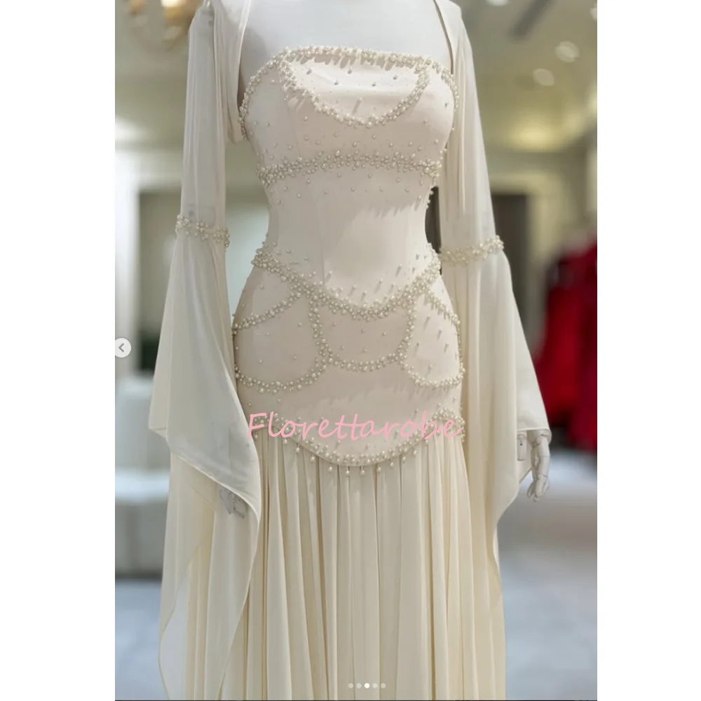Customized Strapless Prom Dresses with Pearls  Floor Length Pleated Evening Gowns Long Sleeves Formal Party Clothing
