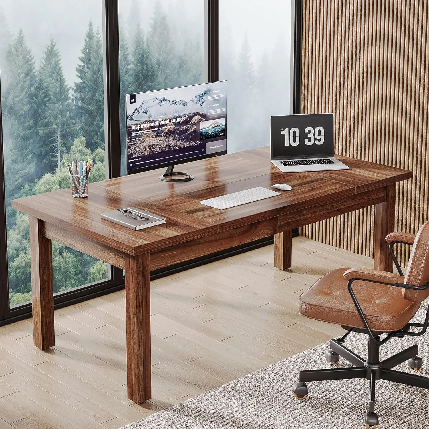 Wood Farmhouse Office Computer Desk, Working Study Desk para 1-2 pessoas, 70 "grande mesa executiva