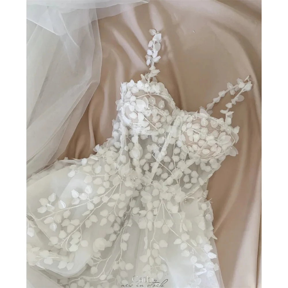 Vestidos de novia de tirantes finos bordados de flores blancas, línea A, sin espalda, vestidos de noche formales hasta el tobillo