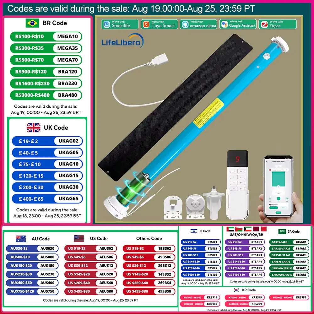 LifeLibero Tuya Zigbee Battery Window Blinds Smart Curtains Motor Roller Blind Automatic Wire Free Tubular Blind For37 38mm Tube