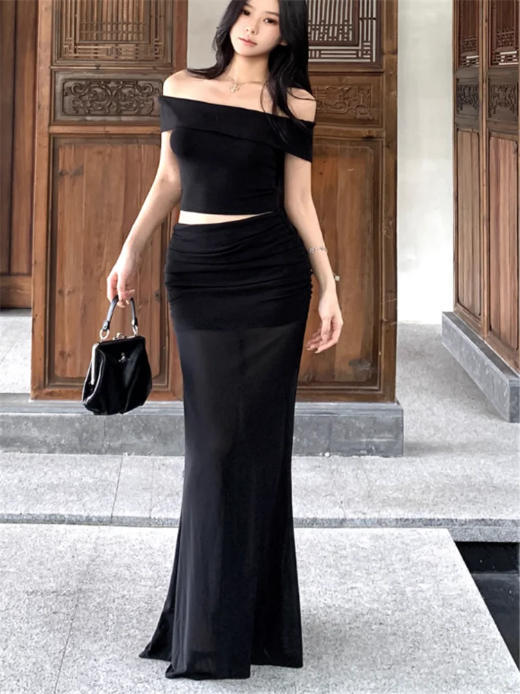 섹시한 여성 여름 블랙 커피 두 조각 세트 오프 어깨 슬림 티셔츠 탑 & 하이 웨스트 펜슬 쉬어 롱 스커트 세련된 2pc 정장