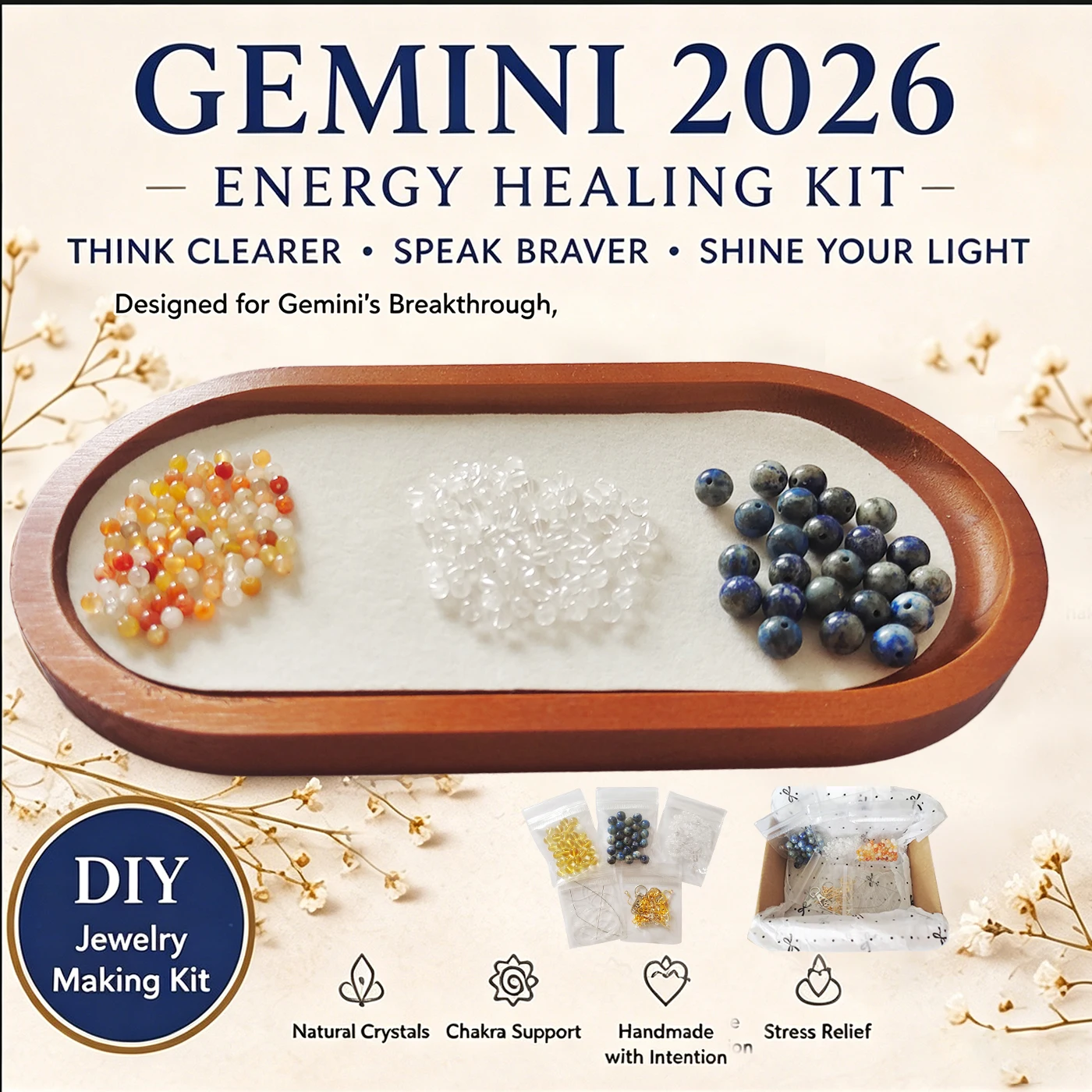 

Gemini Zodiac DIY Crystal Jewelry Making Kit Golden Jade Clear Quartz Beads Findings Elastic Cord Handmade Bracelet Accessories