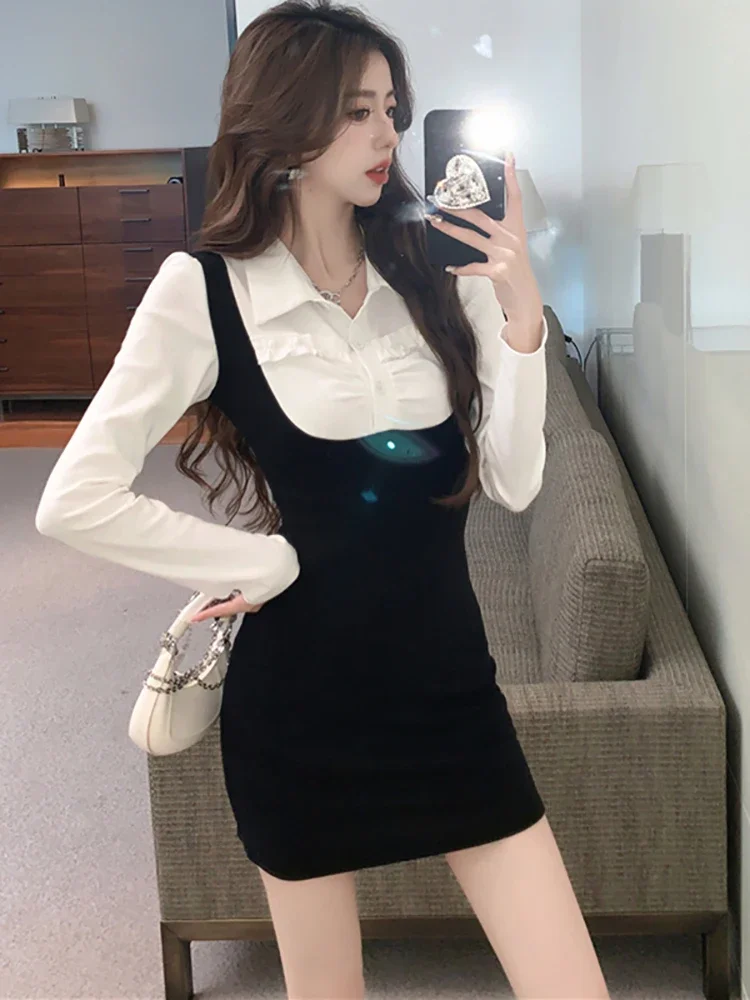 Women Fashion Patchowrk Fake Two Piece Mini Dress 2024 Elegant Chic Blackless Sexy Dress Autumn Winter Korean Casual Party Dress