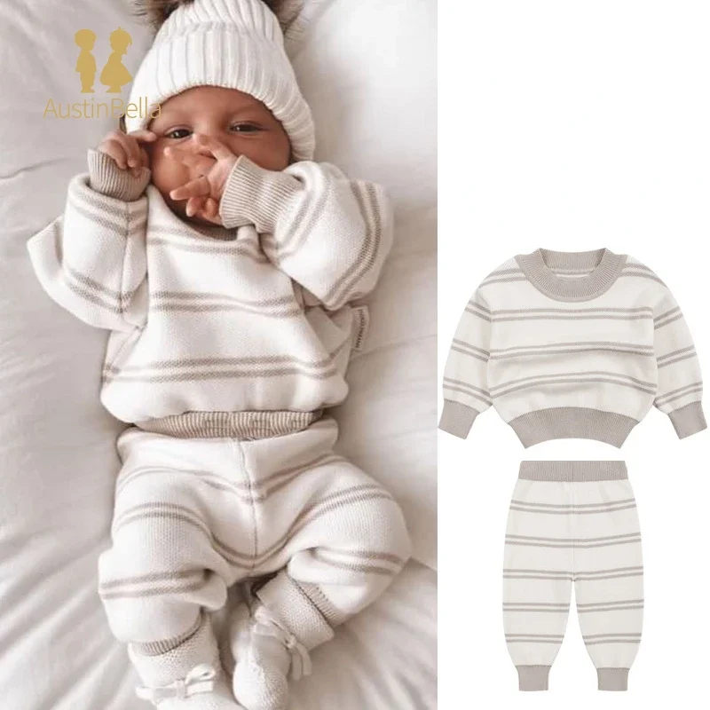 Austin&Bella Newborn Baby Sweaters Set Baby Boy Clothes Gray Striped Baby Girl Outfit Set Knit Sweater Suit Ropa De Bebe Niña