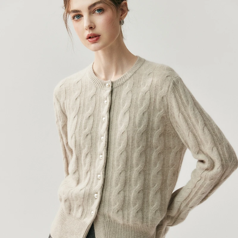 Damski sweter kardigan ze 100% kaszmiru, prosty dekolt okrągły, guziki z perłami, jesień-zima, miękki, ciepły, dzianina kaszmirowa, eleganckie bluzki do biura.