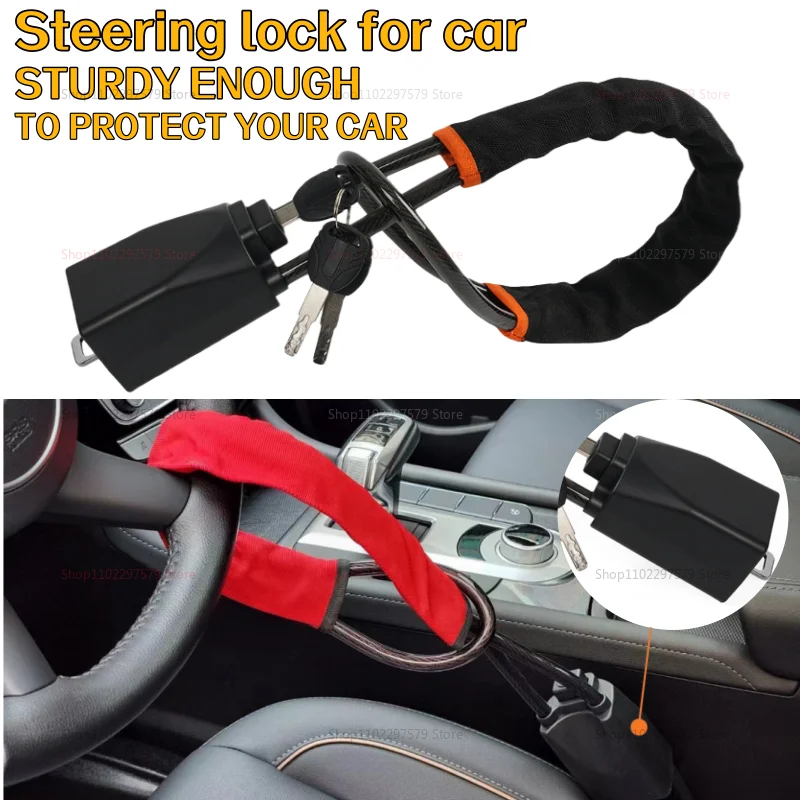 Trava Universal para Volante de Carro com Conector de Cinto de Segurança, Trava de Cabo de Aço para Caminhões, SUVs, Vans, RV, Dispositivo Antifurto com 3 Chaves