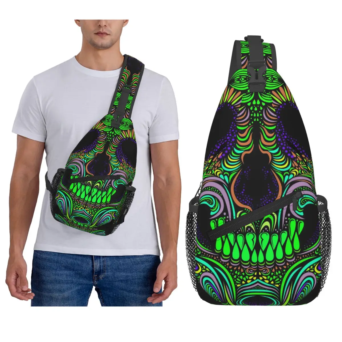 

Psychedelic Skull Aphex Twin Trippy Crystal Castles Chest Bag Men Sling Crossbody Backpack Chest Bag Daypack Shoulder Bag
