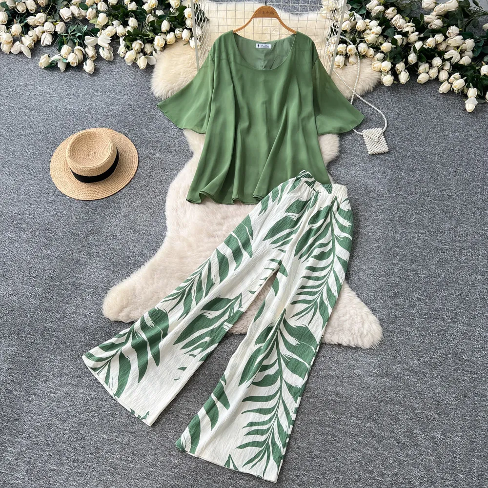 

Pant Set Women Two Piece Sets Turn Down Collar Short Sleeve Print Tops Wide Leg Long Pants High Waist Y2k Streetwear Elegant