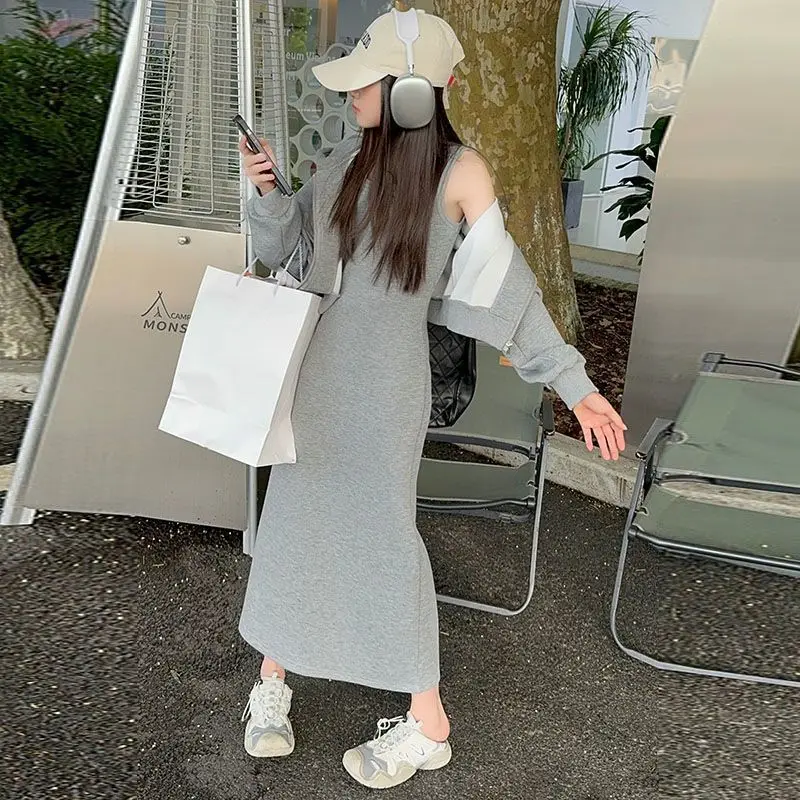 2025 Spring/Autumn Girls' Sporty Two-Piece Set - Short Hoodie Jacket & Long Spaghetti Strap Dress, Versatile for 4-12 Years Old 4