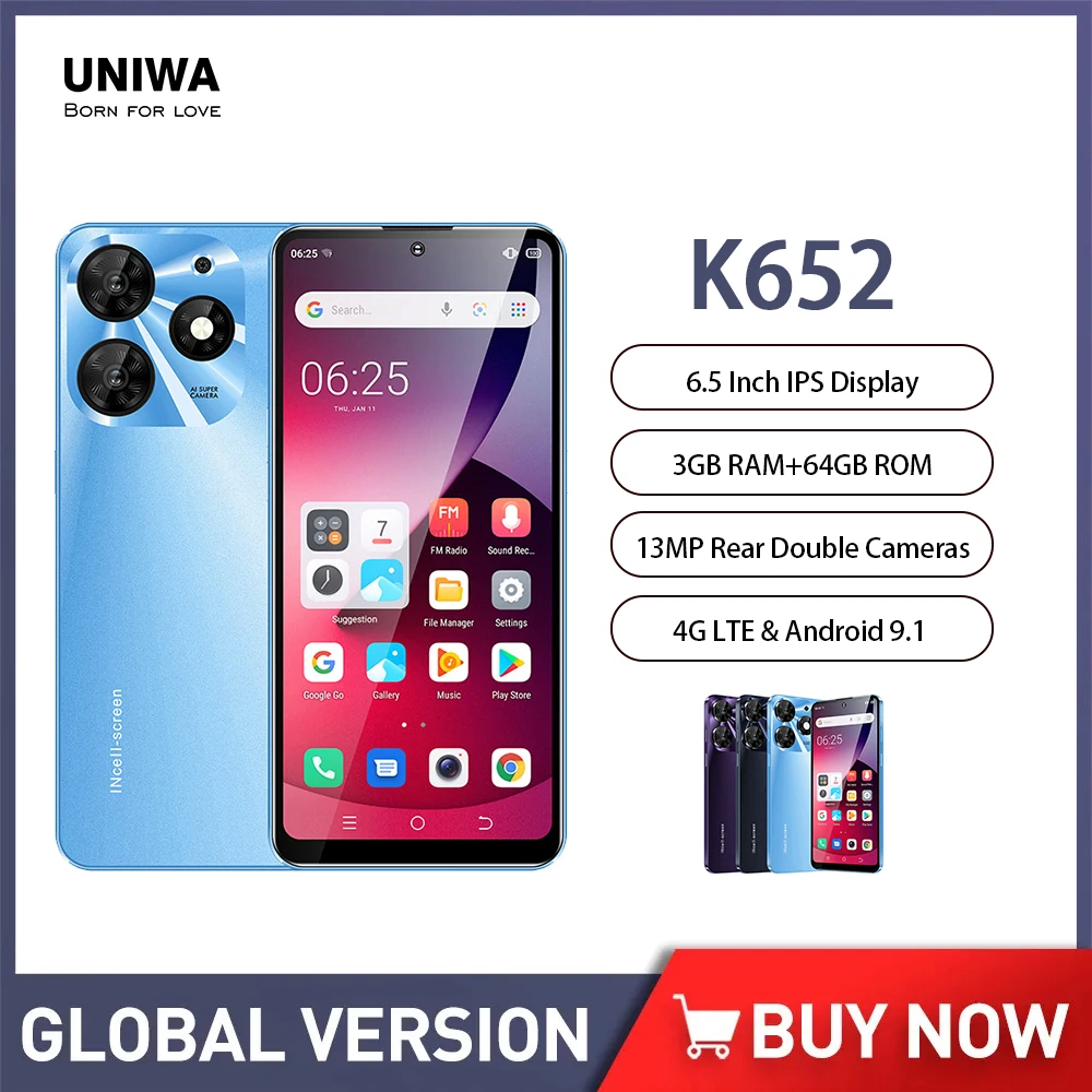 

Global Version UNIWA K652 Ultra-Thin Smartphone 6.53 Inch Quad Core 3GB+64GB Mobile Phone Android 9.1 3250mAh 13MP 4G Cell Phone