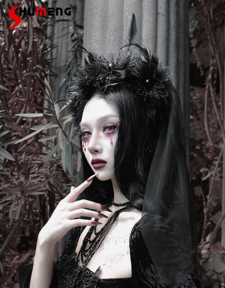 

Original Design Gothic Dark Retro Mesh Patchwork Beaded Feather Veil Women's Festival Party Halloween Christmas Cos Veil 2025