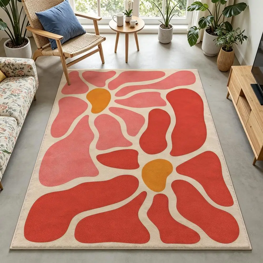 2D 1 piece soft, easy to maintain, machine washable indoor rug with abstract floral design, suitable for living room, bedroom, entryway, office, hallway, perfect for rural style home decor under dining table