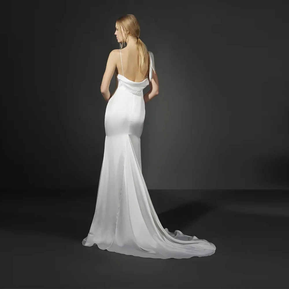 Customized Romantic Asymmetric - Strap Lace - Sleeve Wedding Dress, Spaghetti Deep V - Neck, Satin Mermaid Silhouette 2025