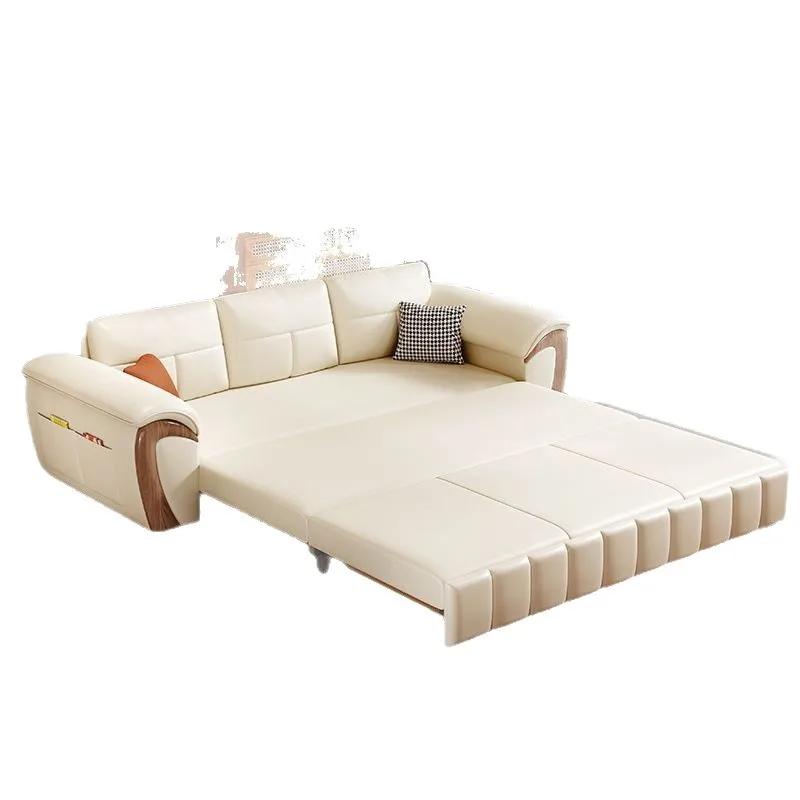 Dual-purpose living room folding lazy storage straight row cat scratching leather sofa new solid wood becomes retractable
